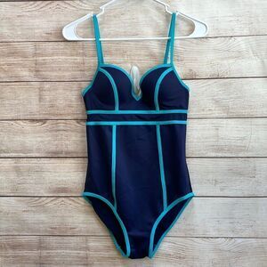 SPANX SWEETHEART SHAPING ONE PIECE SWIMSUIT IN NAVY BLUE AND TEAL